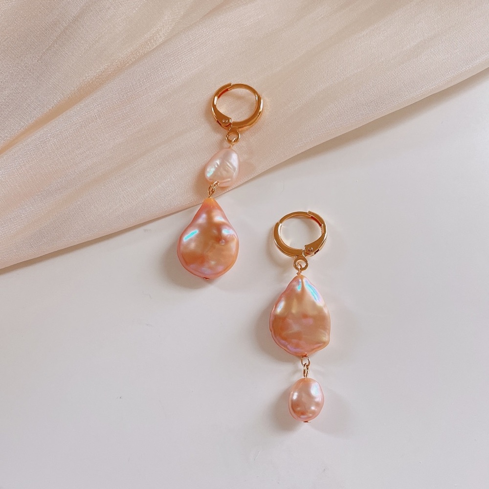 Pink peach drop coin pearl AB hoop earrings